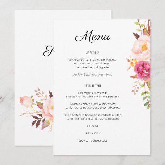 Uitnodiging voor Roze Blush Bloeiend Bloemmenu (Voorkant / Achterkant)