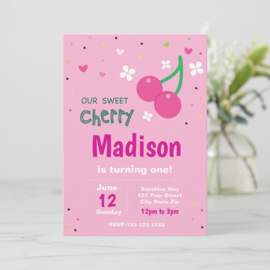uitnodiging voor roze Cherry Birthday (Staand voorkant)