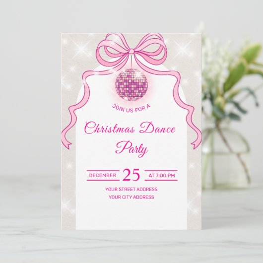 Uitnodiging voor Roze Disco Glitter Meisjes Kerstf (Staand voorkant)