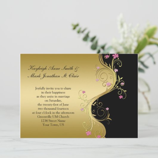  uitnodiging voor roze en gouden bruiloft (Staand voorkant)