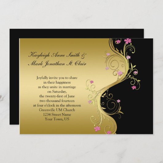  uitnodiging voor roze en gouden bruiloft (Voorkant / Achterkant)