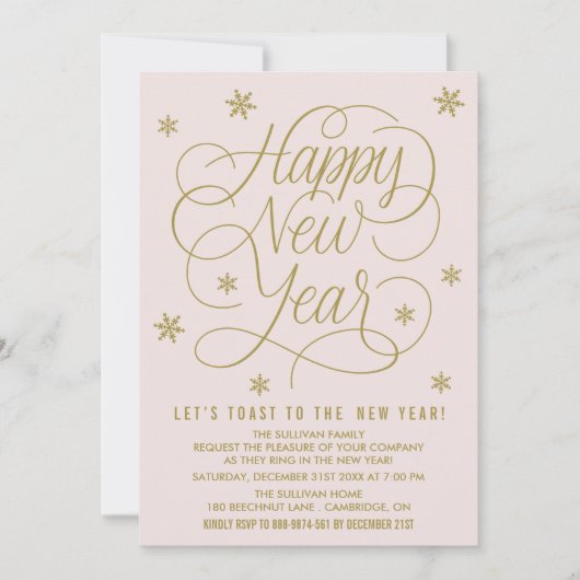 Uitnodiging voor -roze en gouden nieuwjaar Eve Par (Voorkant)