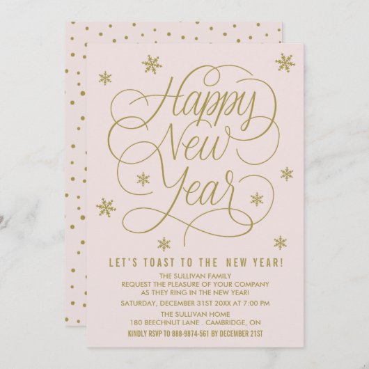 Uitnodiging voor -roze en gouden nieuwjaar Eve Par (Voorkant / Achterkant)