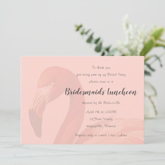 Uitnodiging voor roze flamingo bruidsmeisjes lunch (Staand voorkant)