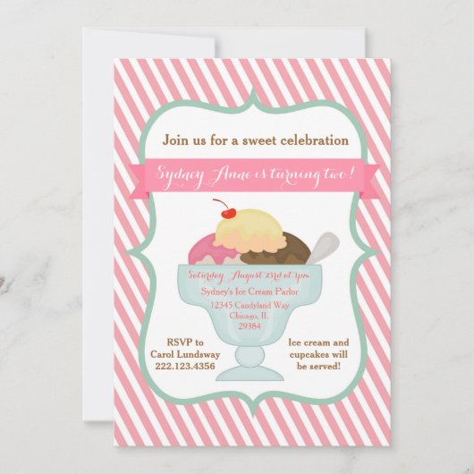 Uitnodiging voor roze-meisjes-Ice Cream-partij (Voorkant)