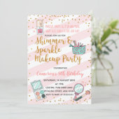 Uitnodiging voor roze meisjesmake-up op verjaardag (Staand voorkant)
