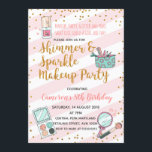Uitnodiging voor roze meisjesmake-up op verjaardag<br><div class="desc">Roze meisjesmake-up verjaardagsuitnodiging met gouden confetti</div>