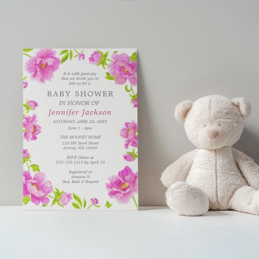 Uitnodiging voor Roze Pioenrozen Baby Shower