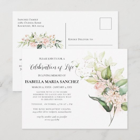 Uitnodiging voor roze rozen bloemencélébratie van  (Voorkant / Achterkant)