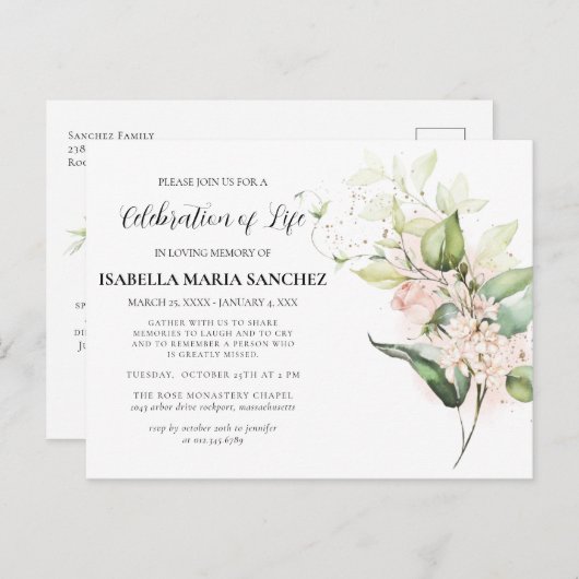 Uitnodiging voor roze rozen bloemencelificatie van (Voorkant / Achterkant)