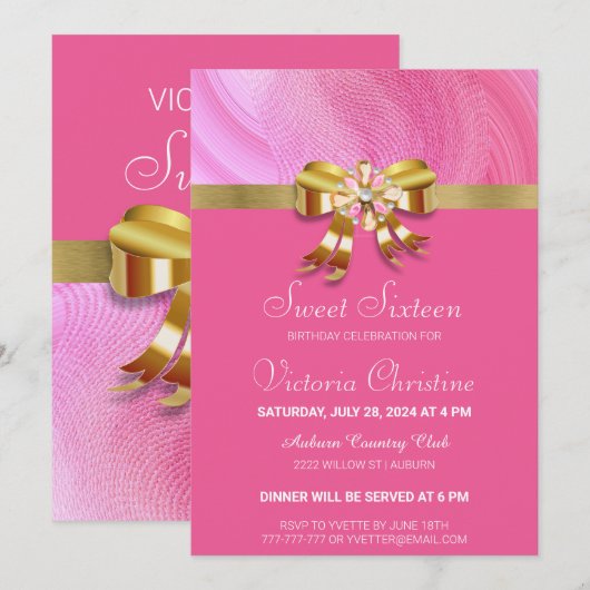  uitnodiging voor roze verjaardag (Voorkant / Achterkant)