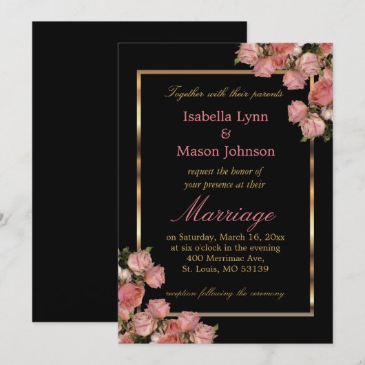 Uitnodiging voor Rozen van Elegant Pink Wedding (Voorkant / Achterkant)