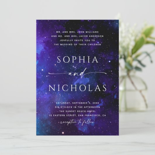 Uitnodiging voor ruimte. Nachtbruiloft. Universum. (Staand voorkant)