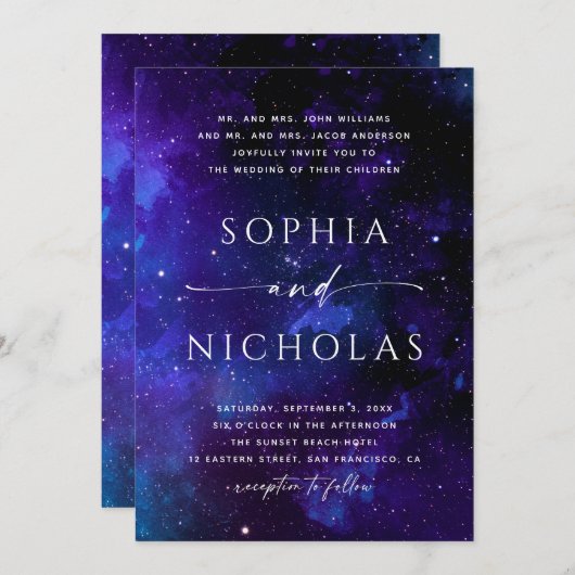 Uitnodiging voor ruimte. Nachtbruiloft. Universum. (Voorkant / Achterkant)