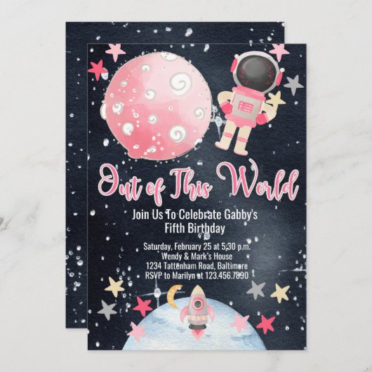 Uitnodiging voor Ruimtevaart Astronaut Meisje 'Bui (Voorkant / Achterkant)