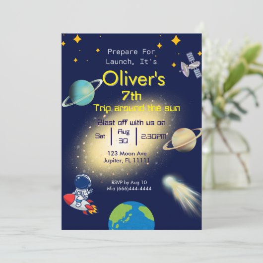 Uitnodiging voor ruimteverjaardag - Lanceringsfees (Staand voorkant)