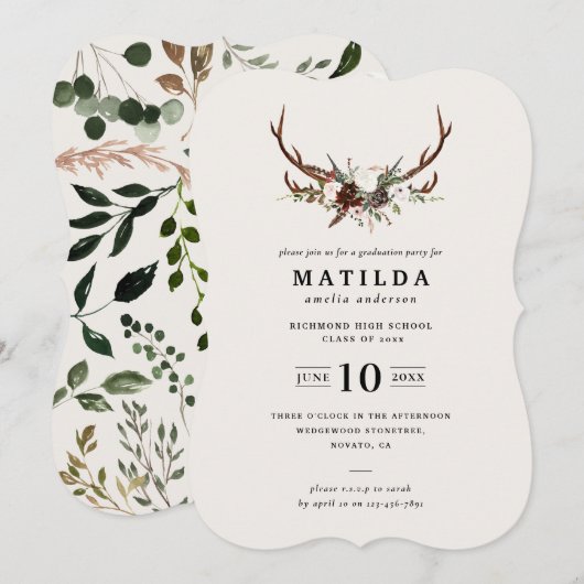 Uitnodiging voor Rustic antler graduparty (Voorkant / Achterkant)