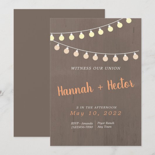 Uitnodiging voor Rustic Fairy Lights Wedding (Voorkant / Achterkant)