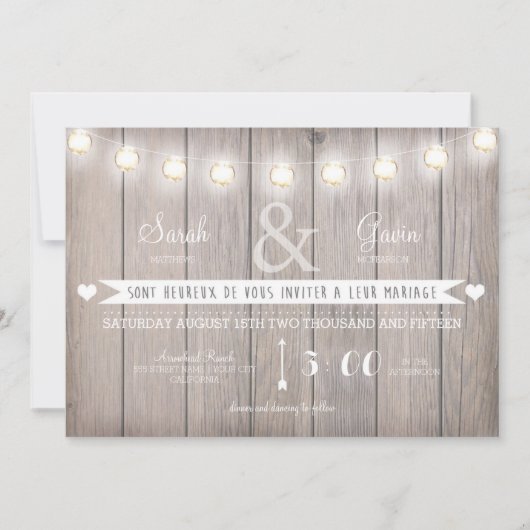 Uitnodiging voor Rustic Lights Wedding in het Fran (Voorkant)