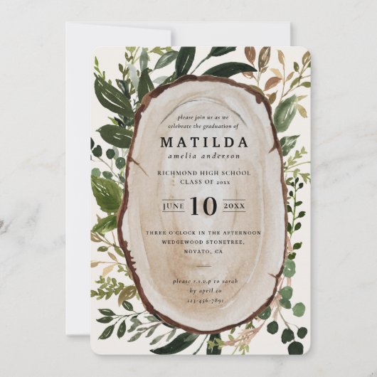 Uitnodiging voor Rustic wood slice graduation part (Voorkant)