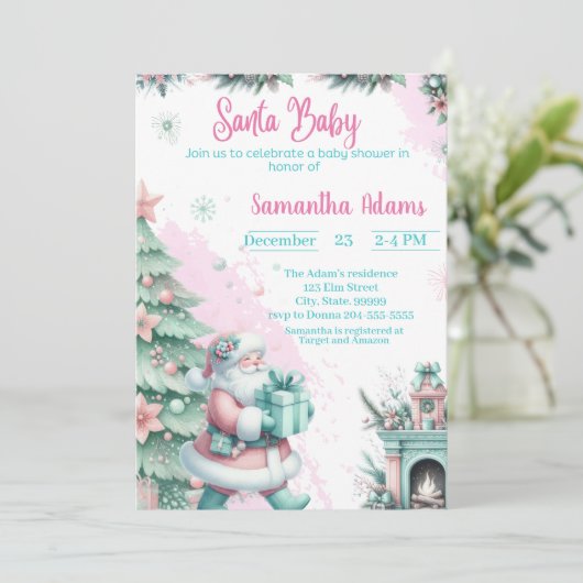 Uitnodiging voor Santa Baby shower (Staand voorkant)