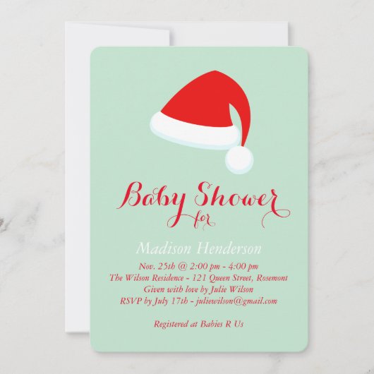 Uitnodiging voor Santa Baby shower - rood en groen (Voorkant)
