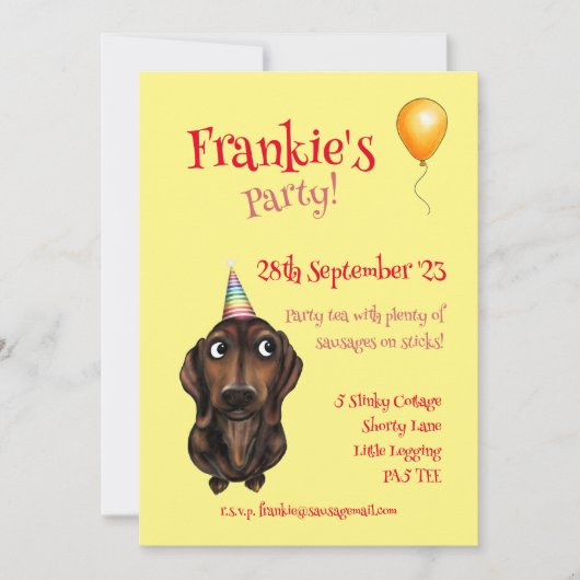 Uitnodiging voor Sausage Dog Feestje (Voorkant)