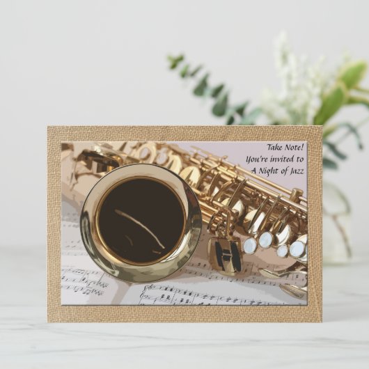 Uitnodiging voor saxofoon en bladmuziek (Staand voorkant)