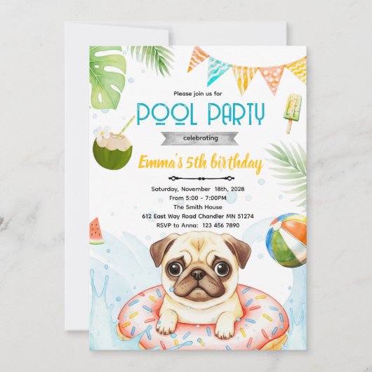 Uitnodiging voor schattig pug zwembadfeest (Voorkant)