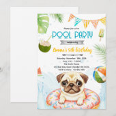 Uitnodiging voor schattig pug zwembadfeest (Voorkant / Achterkant)