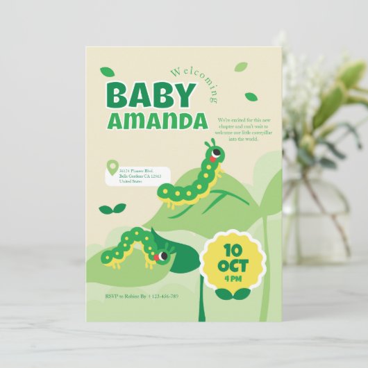 Uitnodiging voor Schattige Caterpillar Baby shower (Staand voorkant)