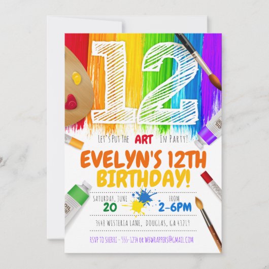 Uitnodiging voor schilderfeest, kunstverjaardagsfe (Voorkant)