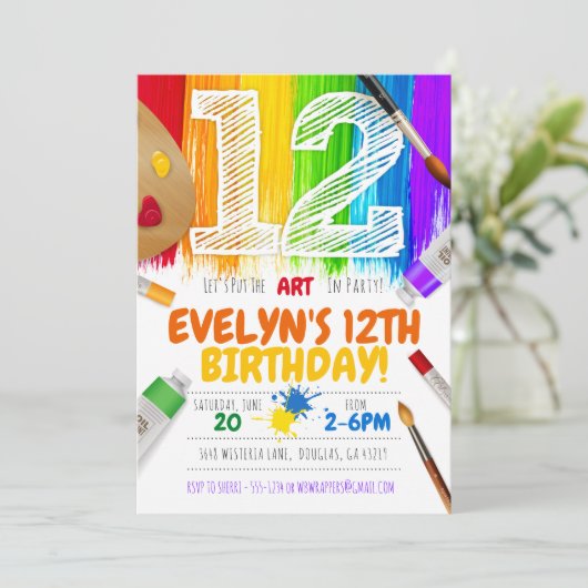 Uitnodiging voor schilderfeest, kunstverjaardagsfe (Staand voorkant)