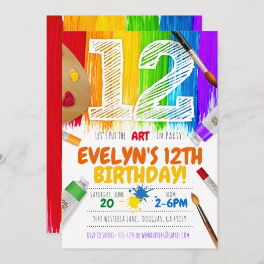 Uitnodiging voor schilderfeest, kunstverjaardagsfe (Voorkant / Achterkant)