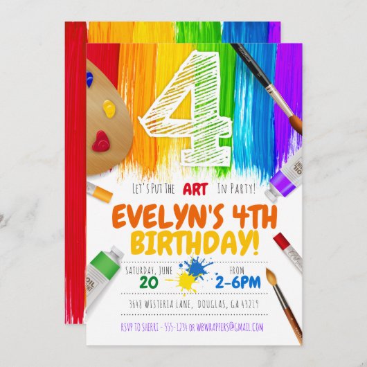 Uitnodiging voor schilderfeest, kunstverjaardagsfe (Voorkant / Achterkant)