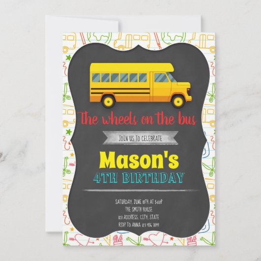 Uitnodiging voor schoolbus verjaardagsfeestje (Voorkant)
