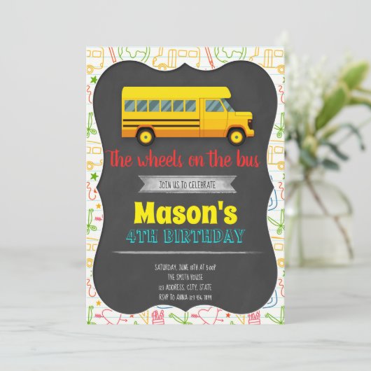 Uitnodiging voor schoolbus verjaardagsfeestje (Staand voorkant)