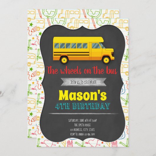 Uitnodiging voor schoolbus verjaardagsfeestje (Voorkant / Achterkant)
