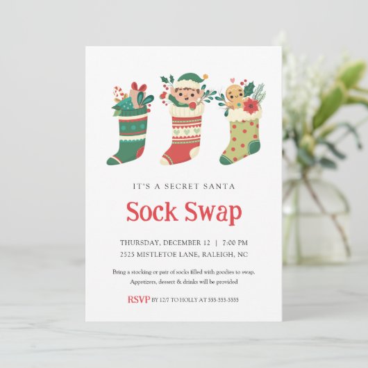 Uitnodiging voor Secret Santa Sock Swap-feestje (Staand voorkant)