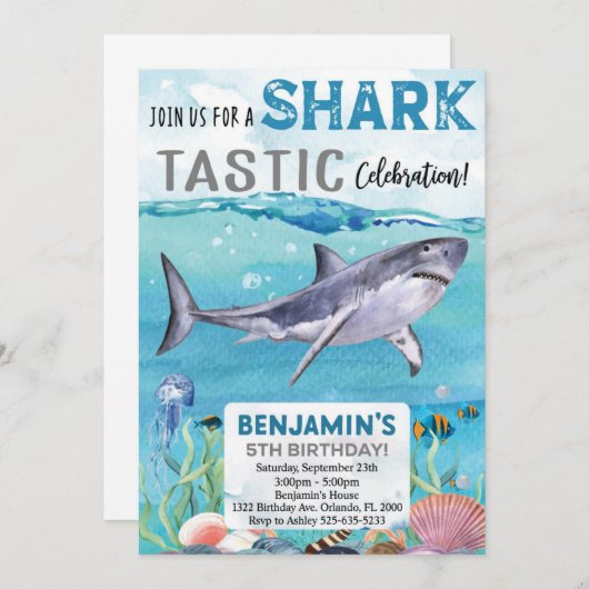 Uitnodiging voor Shark Birthday (Voorkant / Achterkant)