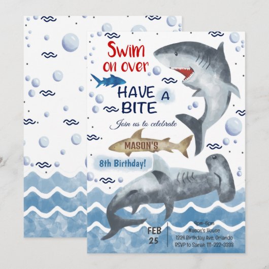 Uitnodiging voor Shark Birthday (Voorkant / Achterkant)