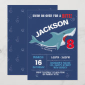 Uitnodiging voor Shark Birthday. Bite party (Voorkant / Achterkant)