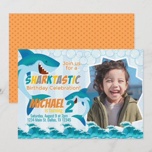 Uitnodiging voor Shark Birthday Party (Voorkant / Achterkant)