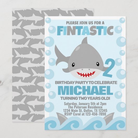 Uitnodiging voor Shark Birthday Party (Voorkant / Achterkant)