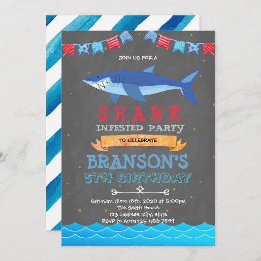 uitnodiging voor Shark Birthday Party (Voorkant / Achterkant)