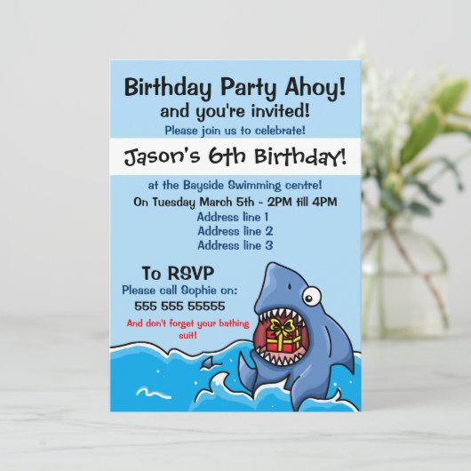 Uitnodiging voor Shark Birthday Party (Staand voorkant)