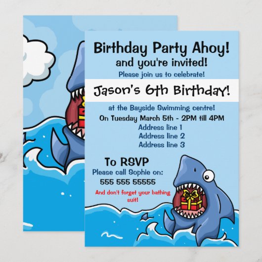 Uitnodiging voor Shark Birthday Party (Voorkant / Achterkant)