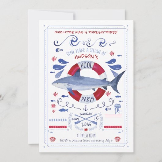 Uitnodiging voor Shark Birthday Pool (Voorkant)