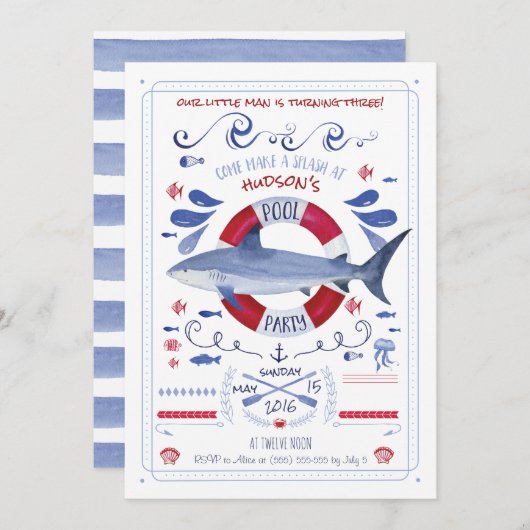 Uitnodiging voor Shark Birthday Pool (Voorkant / Achterkant)