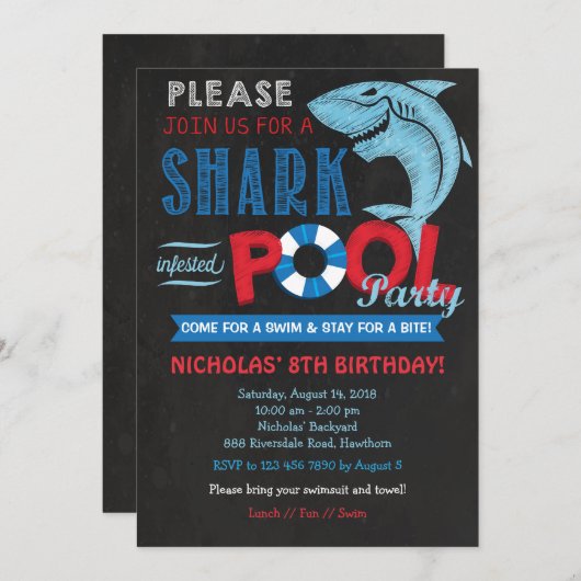 Uitnodiging voor Shark Pool Party, Uitnodiging voo (Voorkant / Achterkant)